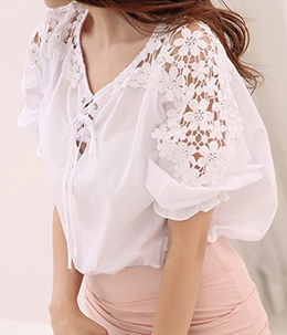 韩国女装网店代销 tomnrabbit钩花镂空白色衬衫