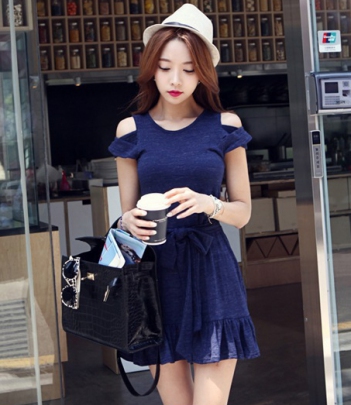 韩国服饰网店代销 dabagirl露肩蝴蝶结修身连衣裙