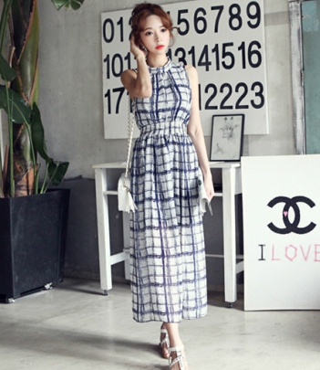 韩国女装网店代理 dabagirl格纹无袖连衣中长裙（2色）