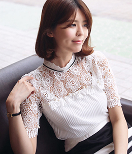 韩国女装代购新款 babirolen超仙珍珠镂空勾花花边蕾丝衫