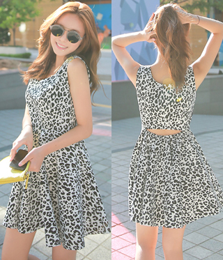 韩国女装批发 cherrykoko修身大摆露肤豹纹无袖连衣裙