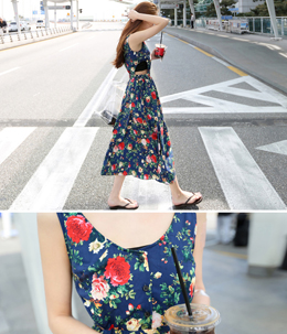韩国女装代购新款 cherrykoko复古高腰大花露肤中长款连衣裙