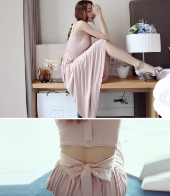 韩国女装代销 lovemarsh气质纯色蝴蝶结露背连衣长裙（2色）