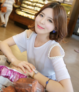 韩国代购正品 babirolen珍珠装饰露肩T恤（2色）