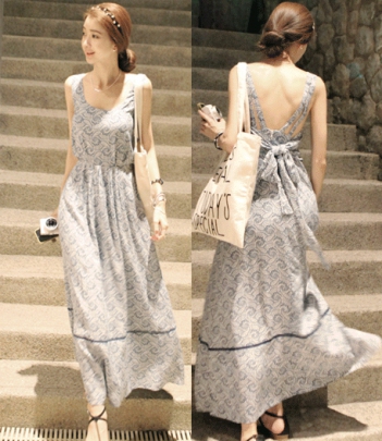 韩国代购 attystory蝴蝶结性感露背民俗图腾连衣长裙（2色）