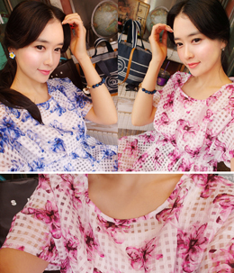 韩国女装代购 gbyshop浪漫花朵格纹镂空收腰裙摆式衬衫（2色）
