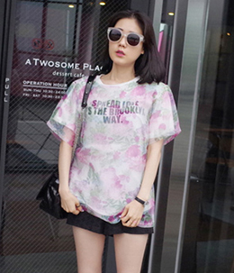 韩国女装代理 lovestar9梦幻碎花字母网纱假两件T恤（2色）