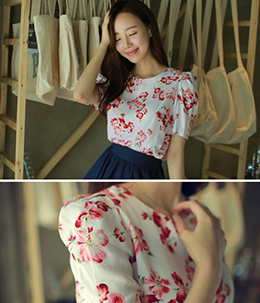 韩国女装代销 myfiona泡泡袖碎花衬衫（2色）