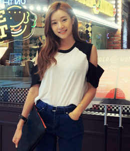 韩国女装正品代理 stylenanda潮人街拍插肩袖露肩T恤