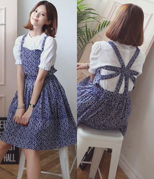 韩国服装代购 babirolen镂空绑带几何印花高腰背带连衣裙