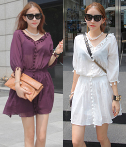 韩国女装代购 yansae流苏球球气质纯色连衣裙（2色）