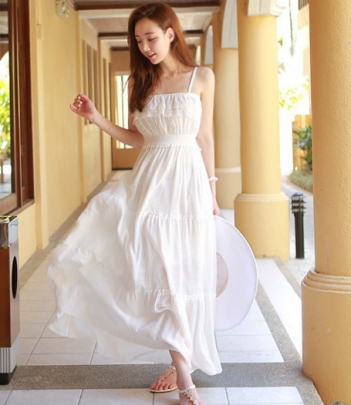 韩国女装网店代销 myfiona超仙蕾丝花边裹胸连衣长裙