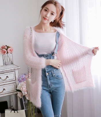 韩国服饰2014秋冬新款 babinpumkin粉色毛绒针织开衫