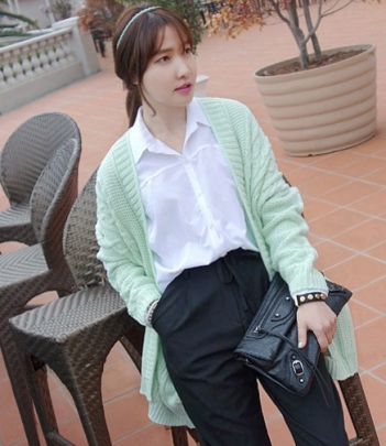 韩国女装秋冬爆款 miamasvin麻花编织薄荷色针织开衫