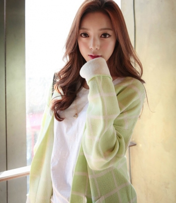 韩国女装秋冬新款 cherry-spoon薄荷色格纹中长款开衫外套