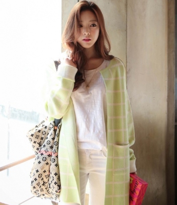 韩国女装秋冬新款 cherry-spoon薄荷色格纹中长款开衫外套