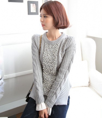 韩国女装2014新款 babirolen钉珠装饰气质毛衣