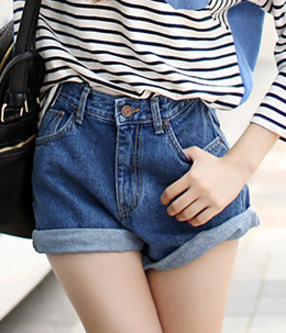 韩国女装代购新款 bongjashop百搭显瘦高腰翻边牛仔短裤（2色）