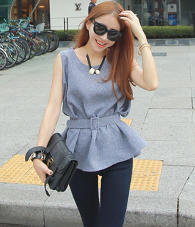 韩国正品女装网店代理 yansae气质腰带收腰裙摆式无袖衬衫
