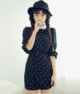韩国女装代销 stylenanda法式复古波点修身连衣裙（2色）