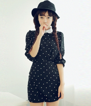 韩国女装代销 stylenanda法式复古波点修身连衣裙（2色）