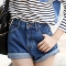 韩国女装代购新款 bongjashop百搭显瘦高腰翻边牛仔短裤（2色）
