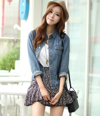 韩国女装代理 bongjashop百搭经典磨破牛仔衬衫