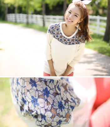 韩国代购批发 bongjashop蕾丝镂空花朵T恤