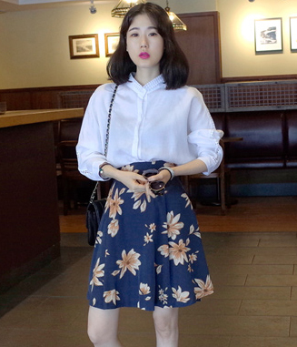 韩国服装代购 lovestar9素雅大花高腰半身短裙（2色）