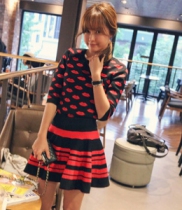 韩国代购批发 11am套装（红唇针织衫+条纹半身短裙）2色