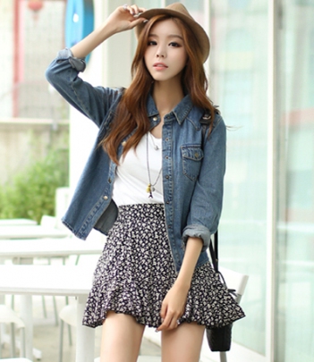 韩国女装代购 bongjashop碎花高腰荷叶边半身短裙（3色）