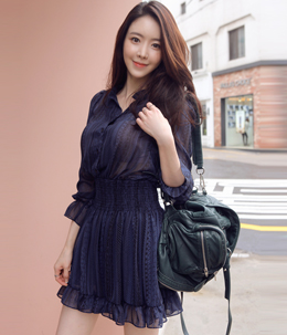 韩国代购正品 bubbleandchic气质花纹露肤高腰连衣裙（3色）