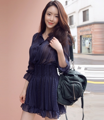韩国代购正品 bubbleandchic气质花纹露肤高腰连衣裙（3色）