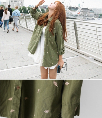 韩国女装代理 cherrykoko气质叶子中长款男友风衬衫