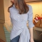 韩国女装代购新款 bubbleandchic特别设计修身条纹衬衫