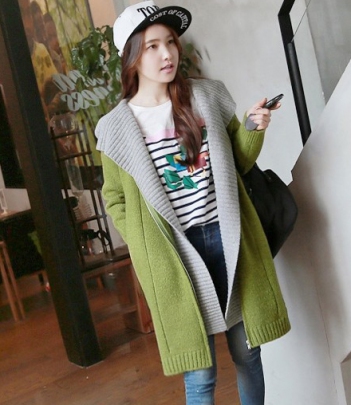 韩国女装批发 miamasvin撞色连帽中长款针织开衫