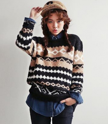 韩国品牌女装代销 mossbean特别宽菱形纹毛衣