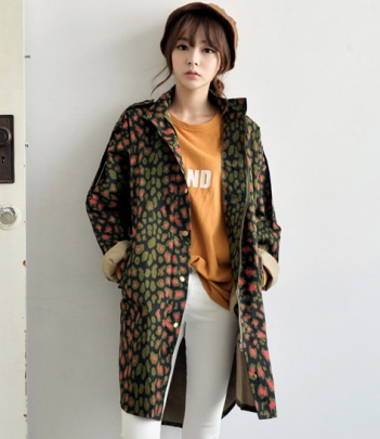 韩国女装网店代销 just-one街拍风撞色豹纹长款风衣