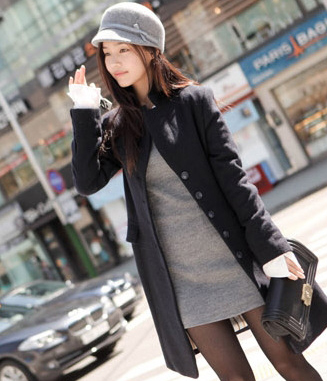 韩国服饰秋冬热款 cherry-spoon气质纯色修身中长呢大衣