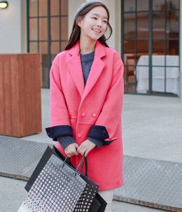 韩国女装代理 cherry-spoon人气撞色中长款呢大衣