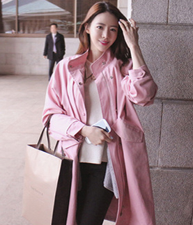 韩国女装网店代销 bubbleandchic宽松长款粉色风衣