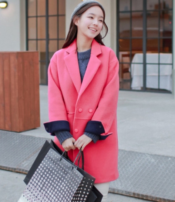 韩国女装代理 cherry-spoon人气撞色中长款呢大衣