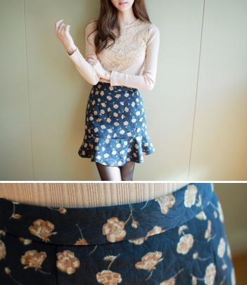 韩国服装代购 fiona碎花高腰半身花苞短裙