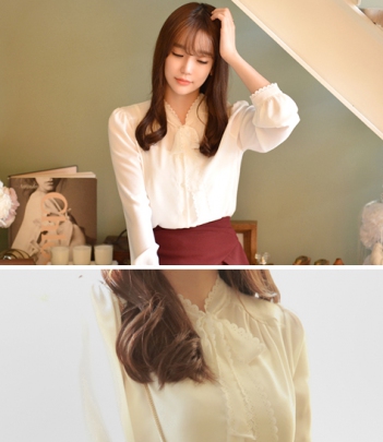 韩国服饰秋冬热款 attrangs浪漫蕾丝花边蝴蝶结衬衫（3色）