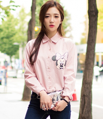 韩国女装代购新款 chuu甜美米妮中长款粉色衬衫