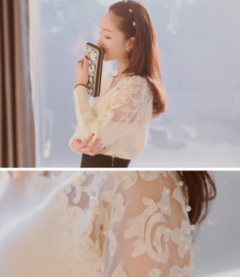 韩国女装代销 soo-a梦幻蕾丝珍珠装饰透肤针织衫（2色）