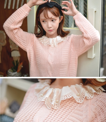 韩国正品代购 bongjashop甜美珍珠蕾丝花边领麻花针织衫（3色）