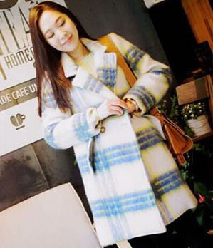 韩国女装批发 soo-a撞色格纹长款呢子大衣