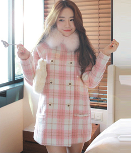 韩国服饰代销 cherry-spoon人气款甜美粉色格纹毛领呢子大衣