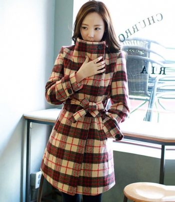韩国女装网店代销 fiona蝴蝶结腰带格纹呢大衣【单件超重】